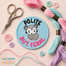 Load image into Gallery viewer, Polite But Feral patch (2 sizes included) machine embroidery design DIGITAL DOWNLOAD