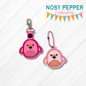 Squishy Flamingo snap tab and eyelet fob machine embroidery file (single and multi files included) DIGITAL DOWNLOAD
