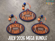 Load image into Gallery viewer, Football appliqué bag tag set (3 designs included) machine embroidery design DIGITAL DOWNLOAD