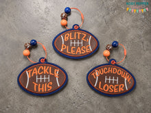 Load image into Gallery viewer, Football appliqué bag tag set (3 designs included) machine embroidery design DIGITAL DOWNLOAD