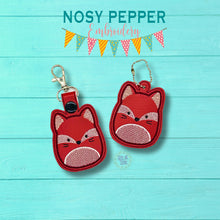 Load image into Gallery viewer, Fox Squishy snap tab and eyelet fob machine embroidery file (single and multi files included) DIGITAL DOWNLOAD