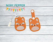 Load image into Gallery viewer, Fox Squishy snap tab and eyelet fob machine embroidery file (single and multi files included) DIGITAL DOWNLOAD