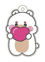 Load image into Gallery viewer, Friend Bear snap tab and eyelet fob June 2024 Mystery Bundle machine embroidery file (single and multi files included)