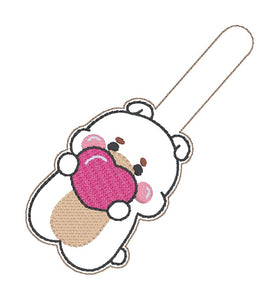 Friend Bear snap tab and eyelet fob June 2024 Mystery Bundle machine embroidery file (single and multi files included)
