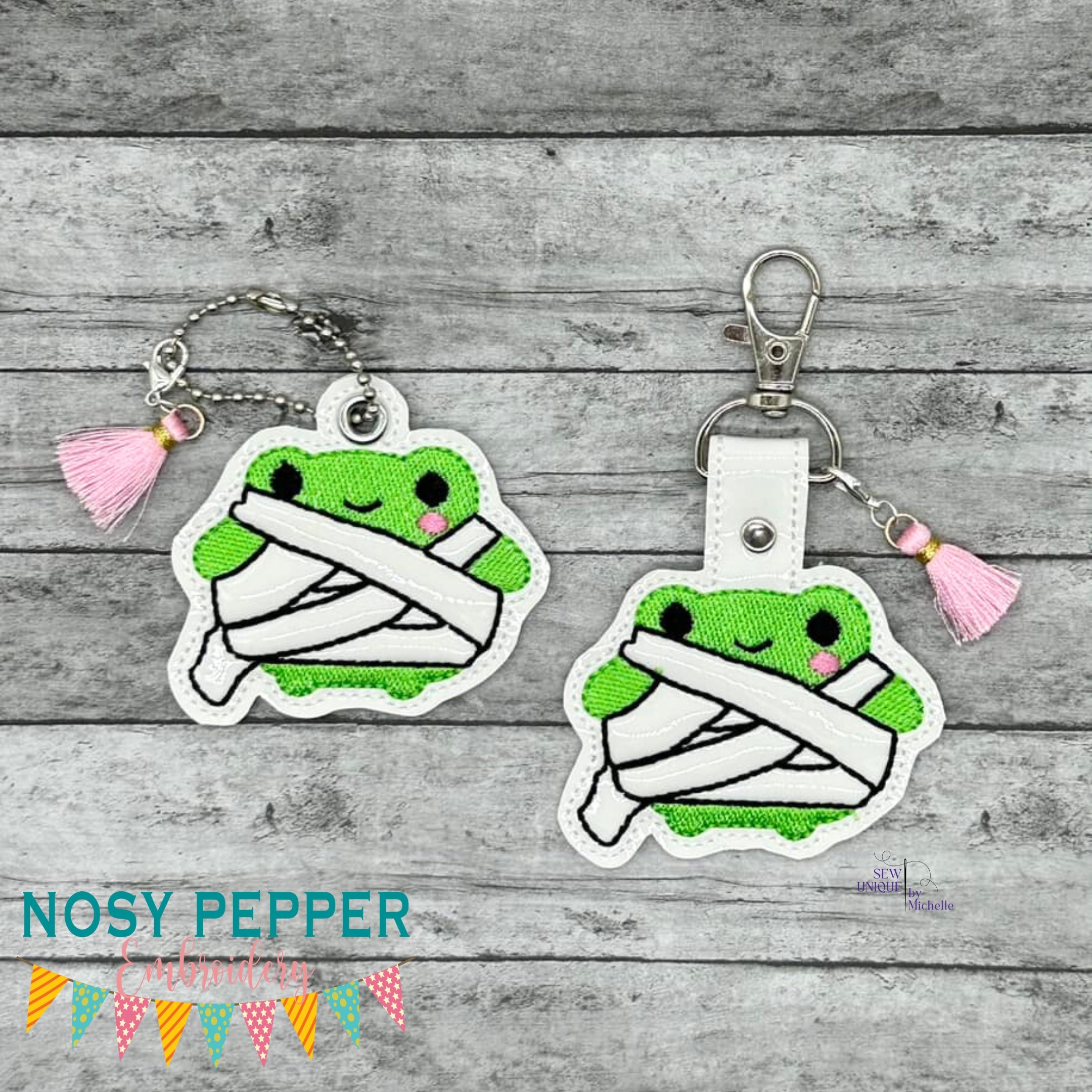 Mummy Frog snap tab and eyelet fob machine embroidery file (single and ...