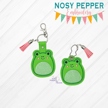 Load image into Gallery viewer, Squishy Frog snap tab and eyelet fob machine embroidery file (single and multi files included) DIGITAL DOWNLOAD