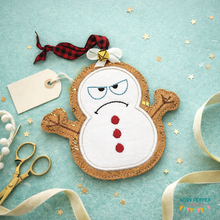 Load image into Gallery viewer, Grumpy Snowman applique ornament 4x4 machine embroidery design DIGITAL DOWNLOAD