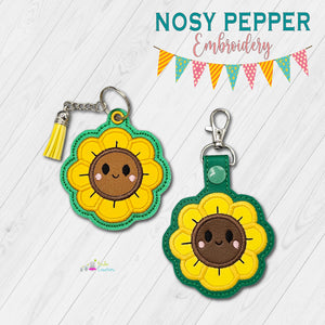 Happy Sunflower applique snap tab and eyelet fob April Mystery Bundle machine embroidery file (single and multi files included)