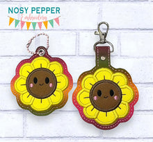 Load image into Gallery viewer, Happy Sunflower applique snap tab and eyelet fob April Mystery Bundle machine embroidery file (single and multi files included)