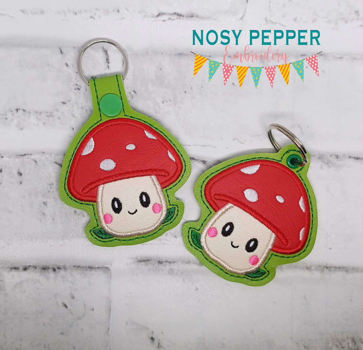 Happy Toadstool applique snap tab and eyelet fob machine embroidery fi ...