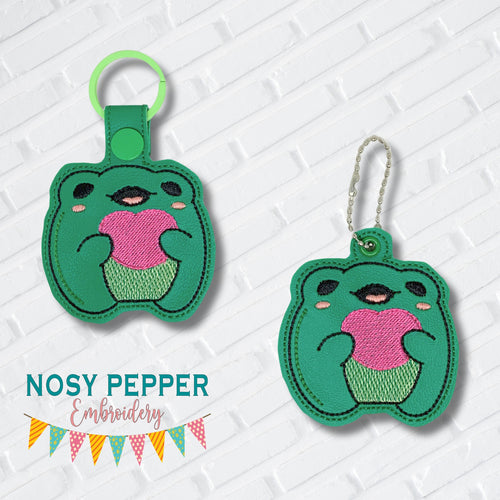 Heart Frog snap tab and eyelet fob May 2024 Mystery Bundle machine embroidery file (single and multi files included)