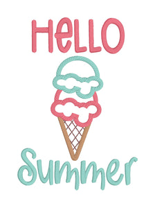 Hello Summer Ice Cream Applique machine embroidery design (4 sizes included) DIGITAL DOWNLOAD