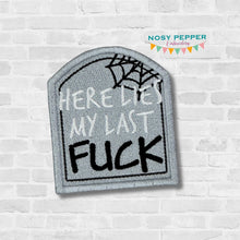 Load image into Gallery viewer, Here Lies My Last F@ck patch machine embroidery design (2 sizes included) DIGITAL DOWNLOAD