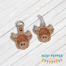 Load image into Gallery viewer, Highland Cow snap tab and eyelet fob machine embroidery file (single and multi files included) DIGITAL DOWNLOAD