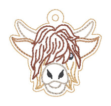 Load image into Gallery viewer, Highland Cow snap tab and eyelet fob machine embroidery file (single and multi files included) DIGITAL DOWNLOAD