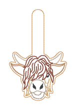 Load image into Gallery viewer, Highland Cow snap tab and eyelet fob machine embroidery file (single and multi files included) DIGITAL DOWNLOAD