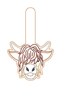 Highland Cow snap tab and eyelet fob machine embroidery file (single and multi files included) DIGITAL DOWNLOAD