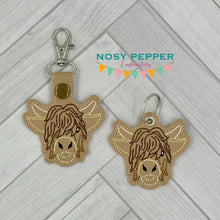 Load image into Gallery viewer, Highland Cow snap tab and eyelet fob machine embroidery file (single and multi files included) DIGITAL DOWNLOAD