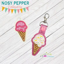 Load image into Gallery viewer, Ice Cream Scoop Applique snap tab and eyelet fob machine embroidery file (single and multi files included) DIGITAL DOWNLOAD