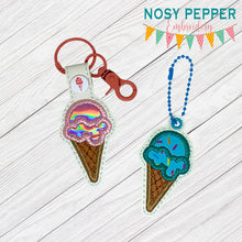 Load image into Gallery viewer, Ice Cream Scoop Applique snap tab and eyelet fob machine embroidery file (single and multi files included) DIGITAL DOWNLOAD