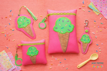 Load image into Gallery viewer, Ice Cream Applique Set (includes: snap tab, charms, bookmark/bag tag/ornament, 4x4 &amp; 5x7 ITH bags) machine embroidery design DIGITAL DOWNLOAD