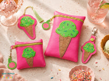 Load image into Gallery viewer, Ice Cream Applique Set (includes: snap tab, charms, bookmark/bag tag/ornament, 4x4 &amp; 5x7 ITH bags) machine embroidery design DIGITAL DOWNLOAD