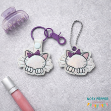 Load image into Gallery viewer, Kitty Outline snap tab and eyelet fob machine embroidery file (single and multi files included) DIGITAL DOWNLOAD