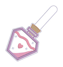 Load image into Gallery viewer, Love Potion applique snap tab and eyelet fob machine embroidery file (single and multi files included) DIGITAL DOWNLOAD