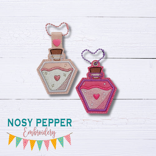 Love Potion applique snap tab and eyelet fob machine embroidery file (single and multi files included) DIGITAL DOWNLOAD