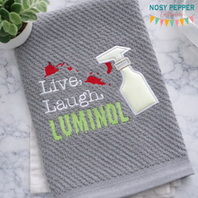 Load image into Gallery viewer, Live, Laugh, Luminol applique machine embroidery design (4 sizes included) DIGITAL DOWNLOAD