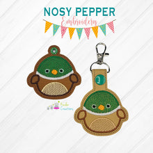 Load image into Gallery viewer, Mallard Squishy snap tab and eyelet fob machine embroidery file (single and multi files included) DIGITAL DOWNLOAD