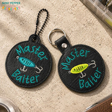 Load image into Gallery viewer, Master Baiter snap tab and eyelet fob set (single and multi files included) machine embroidery design DIGITAL DOWNLOAD