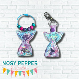 Mermaid applique shaker snap tab and eyelet fob machine embroidery file (single and multi files included) DIGITAL DOWNLOAD
