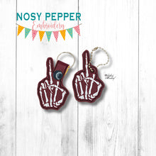 Load image into Gallery viewer, Middle Finger Skeleton snap tab and eyelet fob machine embroidery file (single and multi files included) DIGITAL DOWNLOAD
