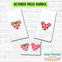 Load image into Gallery viewer, Peppermint Mouse applique set machine embroidery design (4 designs- Mugrug with 4 sizes, envelope and turned, and boy and girl designs with 5 sizes included)