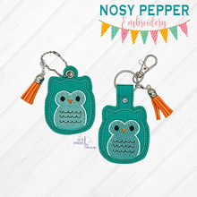 Load image into Gallery viewer, Squishy Owl snap tab and eyelet fob machine embroidery file (single and multi files included) DIGITAL DOWNLOAD