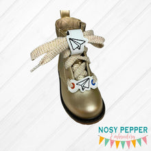 Load image into Gallery viewer, Paper Plane Shoe Charm machine embroidery design single and multi files (3 versions included) DIGITAL DOWNLOAD