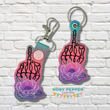 Load image into Gallery viewer, Peony Skeleton shaker snap tab and eyelet fob machine embroidery file (single and multi files included) DIGITAL DOWNLOAD