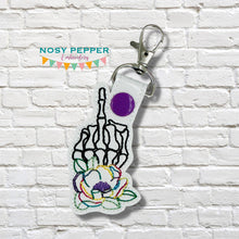 Load image into Gallery viewer, Peony Skeleton shaker snap tab and eyelet fob machine embroidery file (single and multi files included) DIGITAL DOWNLOAD