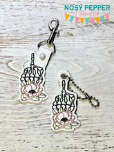 Load image into Gallery viewer, Peony Skeleton shaker snap tab and eyelet fob machine embroidery file (single and multi files included) DIGITAL DOWNLOAD