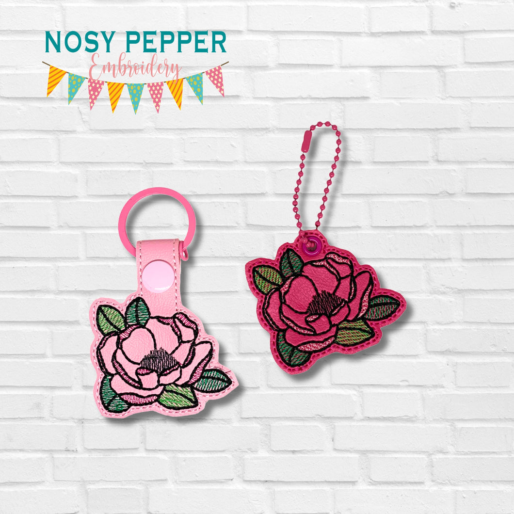 Peony snap tab and eyelet fob machine embroidery file (single and multi files included) DIGITAL DOWNLOAD