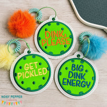 Load image into Gallery viewer, Pickleball appliqué bag tag set (3 designs included) machine embroidery design DIGITAL DOWNLOAD