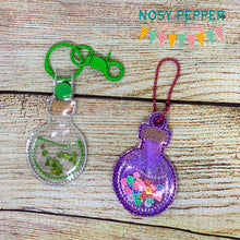 Load image into Gallery viewer, Potion shaker snap tab and eyelet fob machine embroidery file (single and multi files included) DIGITAL DOWNLOAD