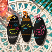 Load image into Gallery viewer, Retro Neon Motel fob set (3 designs included) machine embroidery design DIGITAL DOWNLOAD