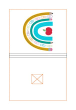 Load image into Gallery viewer, School Bow Set machine embroidery file (includes embroidery design in 5 sizes, bookmark, notebook covers in 2 designs and 4 sizes, and mug rug in 2 designs and 4 sizes) DIGITAL DOWNLOAD