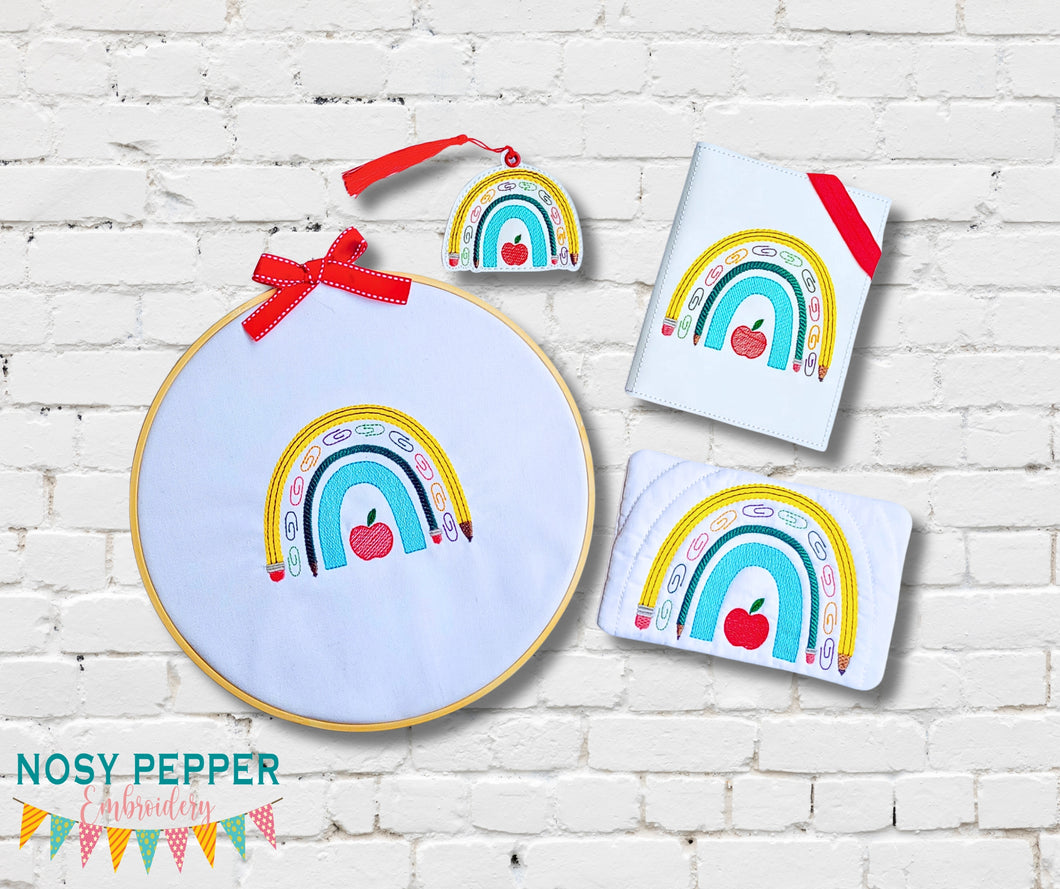 School Bow Set machine embroidery file (includes embroidery design in 5 sizes, bookmark, notebook covers in 2 designs and 4 sizes, and mug rug in 2 designs and 4 sizes) DIGITAL DOWNLOAD