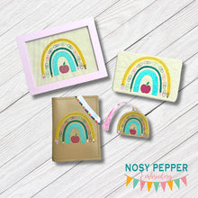 Load image into Gallery viewer, School Bow Set machine embroidery file (includes embroidery design in 5 sizes, bookmark, notebook covers in 2 designs and 4 sizes, and mug rug in 2 designs and 4 sizes) DIGITAL DOWNLOAD