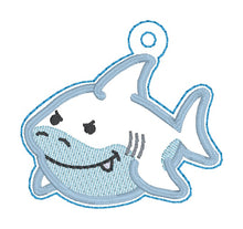 Load image into Gallery viewer, Grumpy Shark snap tab and eyelet fob machine embroidery file (single and multi files included) DIGITAL DOWNLOAD