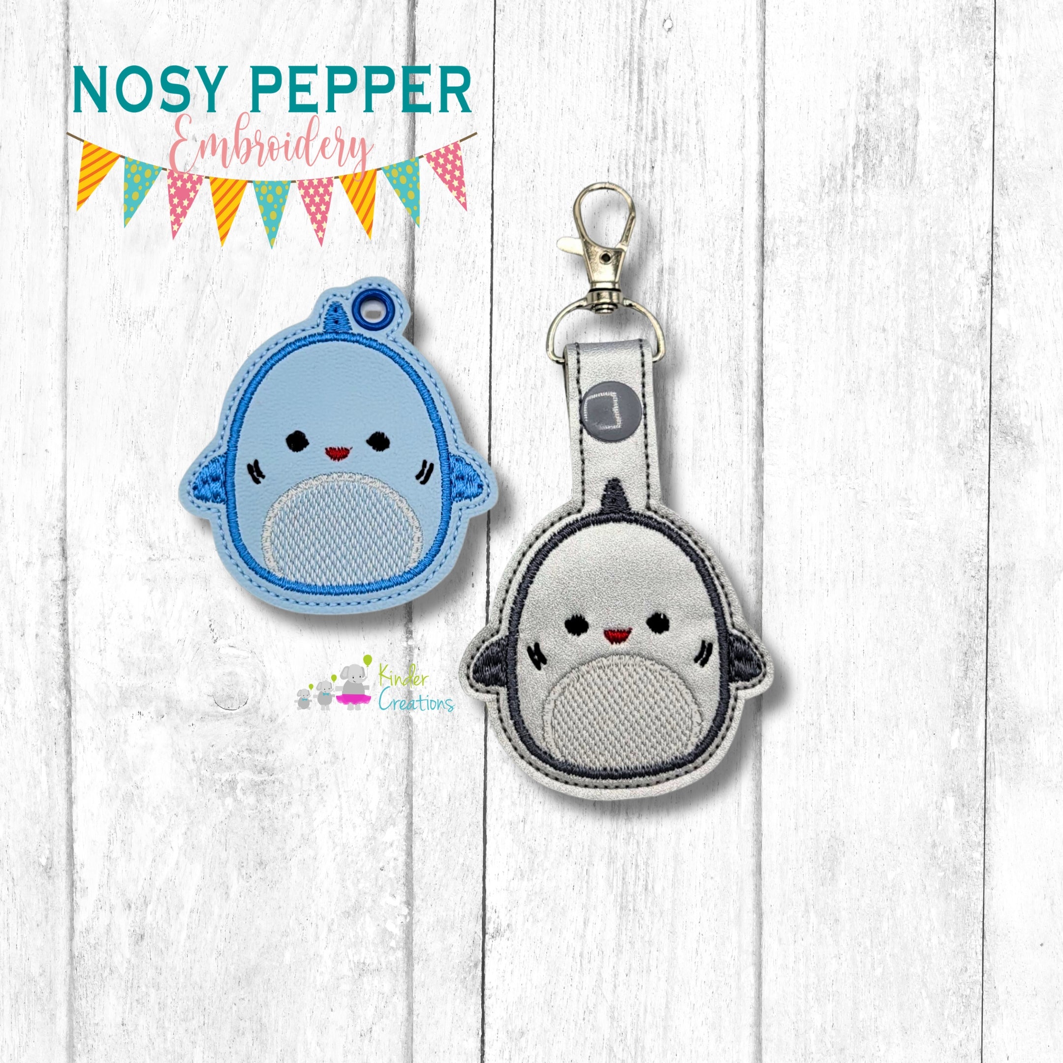 Shark Squishy snap tab and eyelet fob machine embroidery file (single ...