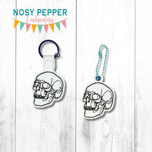 Load image into Gallery viewer, Simple Skull snap tab and eyelet fob machine embroidery file (single and multi files included) DIGITAL DOWNLOAD